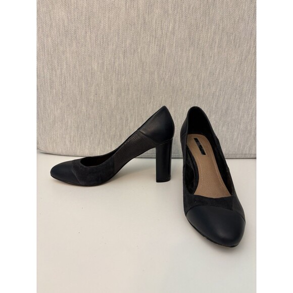 TAHARI Heels‎ Elroy Suede Faux Reptile Leather Block Pump 7.5M Black Almond Toe - Picture 1 of 13